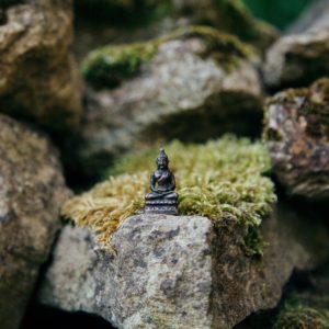 small statue on a mossy rock