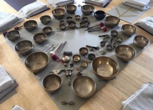 Tibetan singing bowls on a mat