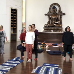 3 pairs of women and an observer practicing somatic yoga