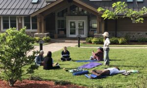 People on a lawn in the sunshine